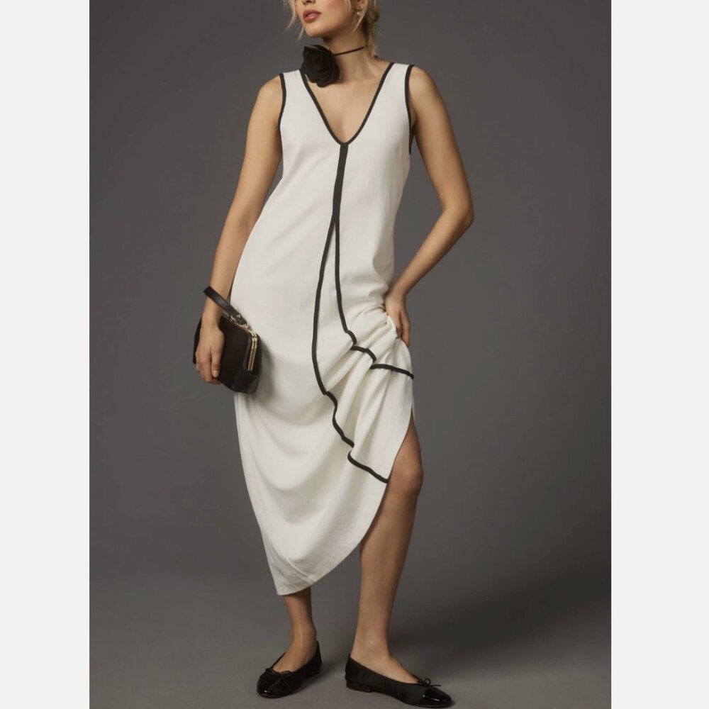 Anthropologie White Maxi Dress with Black Trim